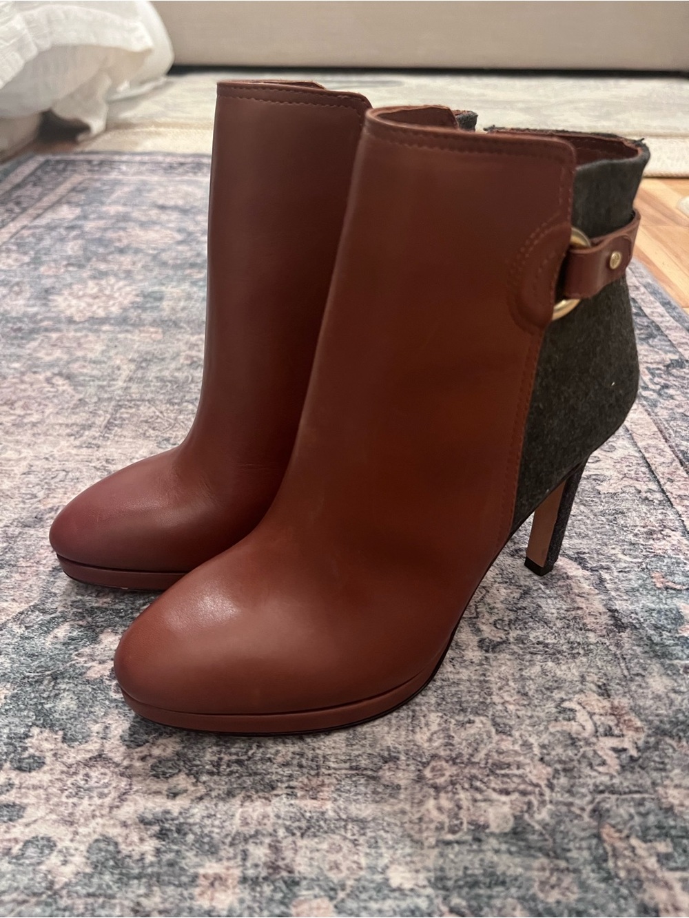 ANTONIO MELANI Brown Leather and Gray Wool Ankle Booties - NEVER WORN
